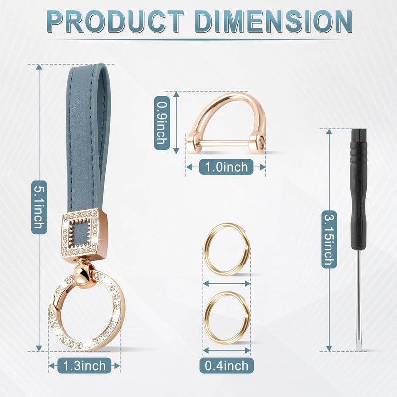 JUSTTOP Leather Keychain, Creative Bling Car Key Chain with Anti-Lost D-Ring and 2 Key Ring, Keychain Wristlet, Car Accessories (Blue) - Image 2